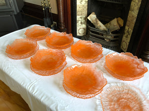 Set of 7 Art Deco Translucent Orange Cloud Swirl Art Glass Bowls and Plates