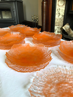 Set of 7 Art Deco Translucent Orange Cloud Swirl Art Glass Bowls and Plates