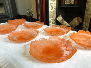 Set of 7 Art Deco Translucent Orange Cloud Swirl Art Glass Bowls and Plates