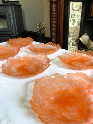 Set of 7 Art Deco Translucent Orange Cloud Swirl Art Glass Bowls and Plates