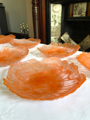 Set of 7 Art Deco Translucent Orange Cloud Swirl Art Glass Bowls and Plates